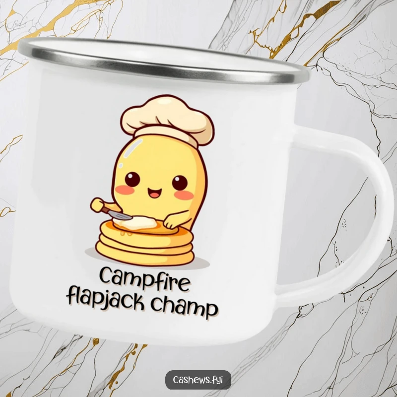 Funny enamel camping mug showcasing a kawaii cashew chef character flipping pancakes with incredible energy, for outdoor culinary amusement.