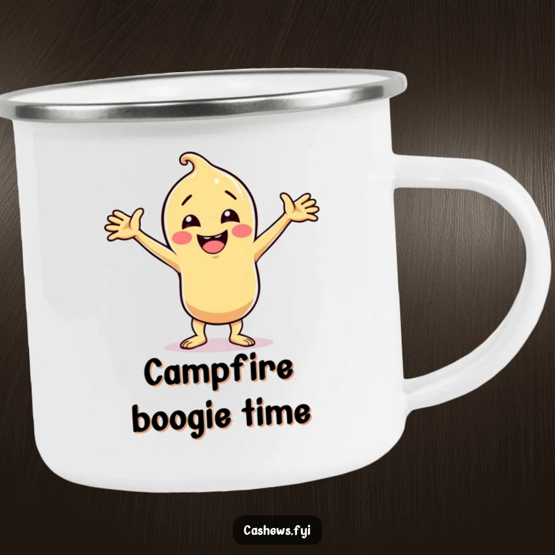 Funny cashew character in a silly dance pose with arms wide on a camping mug, bringing outdoor fun, perfect funny gift.