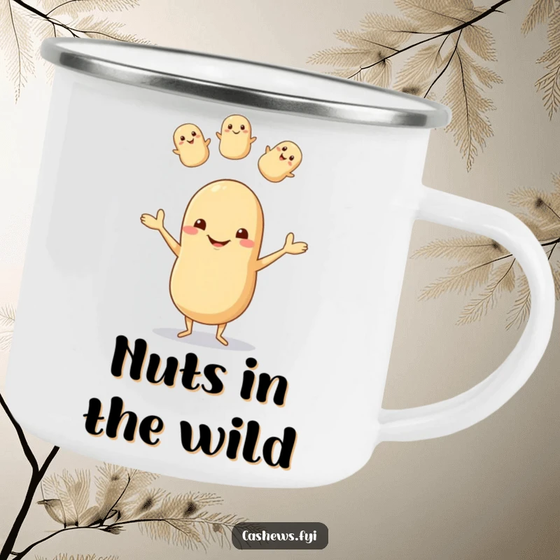 Funny camping mug depicting a happy cashew with tiny legs juggling nuts, exuding a goofy grin, for delightful outdoor sips.