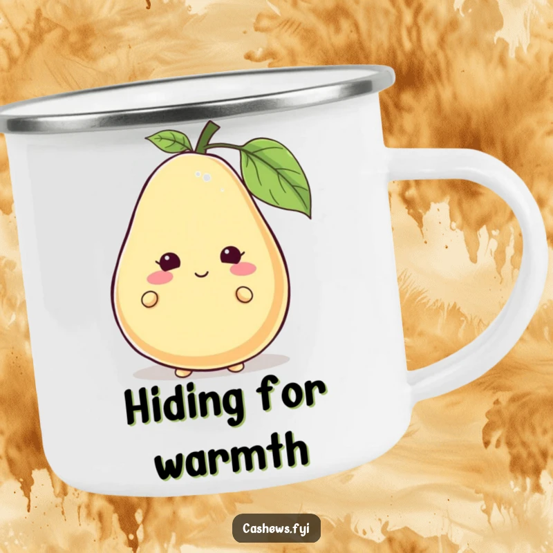 Funny cashew character peeking from behind a giant, smiling cashew on a camping mug, bringing outdoor fun, perfect funny gift.