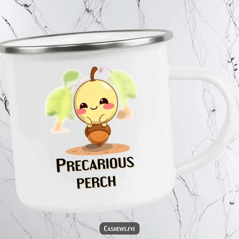 Funny cashew camping mug with a mischievous cashew balancing on an acorn, great for outdoor trips.