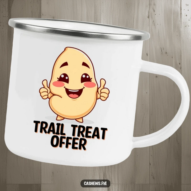 Funny camping mug featuring a cashew character offering a cashew nut with a wink and thumbs-up, ready for outdoor sharing.