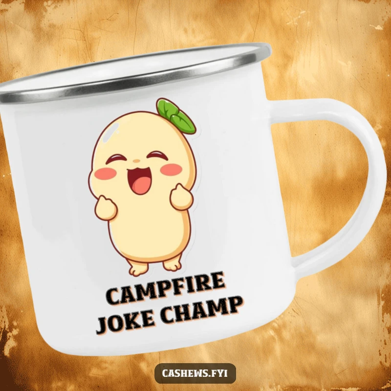 Funny camping mug featuring a cashew character experiencing uncontrollable laughter, ready for outdoor fun and merriment.