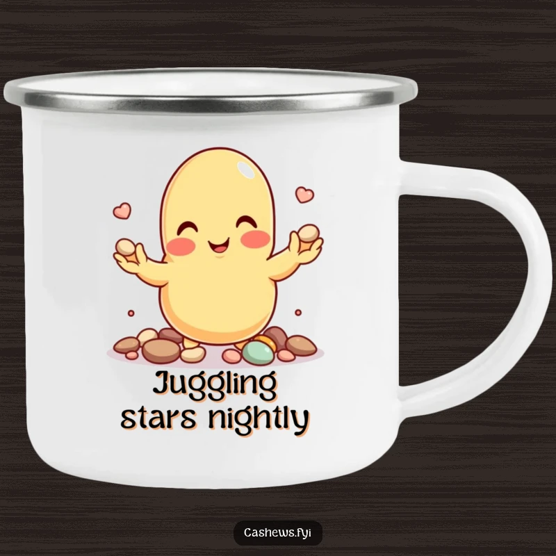Funny camping mug with a cashew nut character smiling while juggling tiny pebbles, ready for adventure.