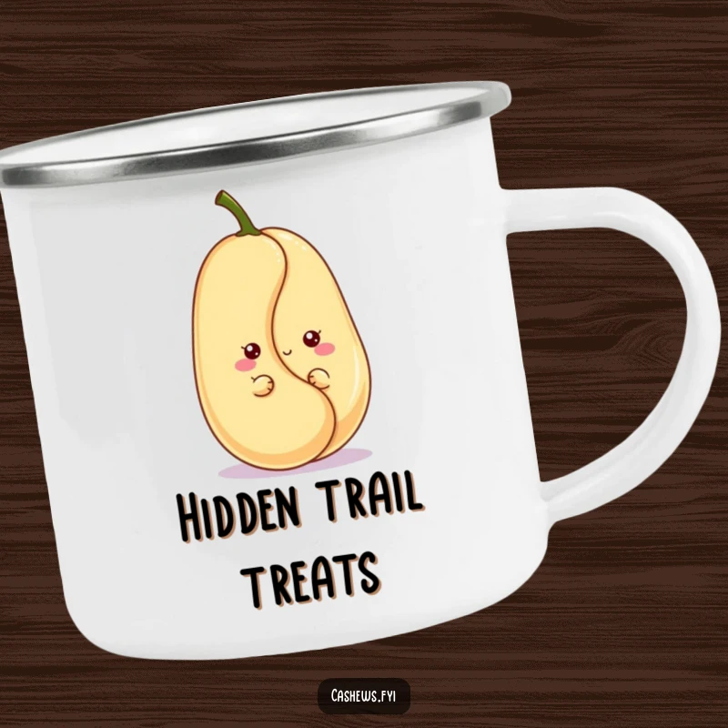Funny kawaii cashew camping mug featuring a cute character peeking with a grin, designed for outdoor enjoyment and adorable nutty comedy.