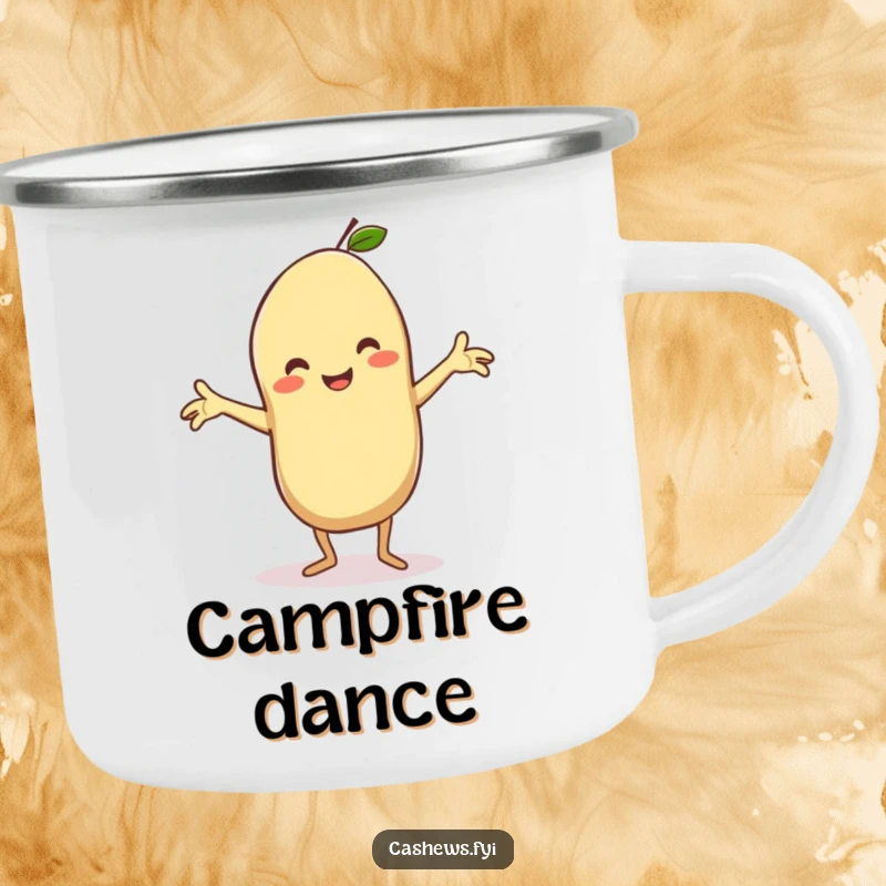 Funny camping mug with a kawaii cashew doing a silly dance with arms outstretched, beaming, perfect for outdoor fun with a joyful vibe.