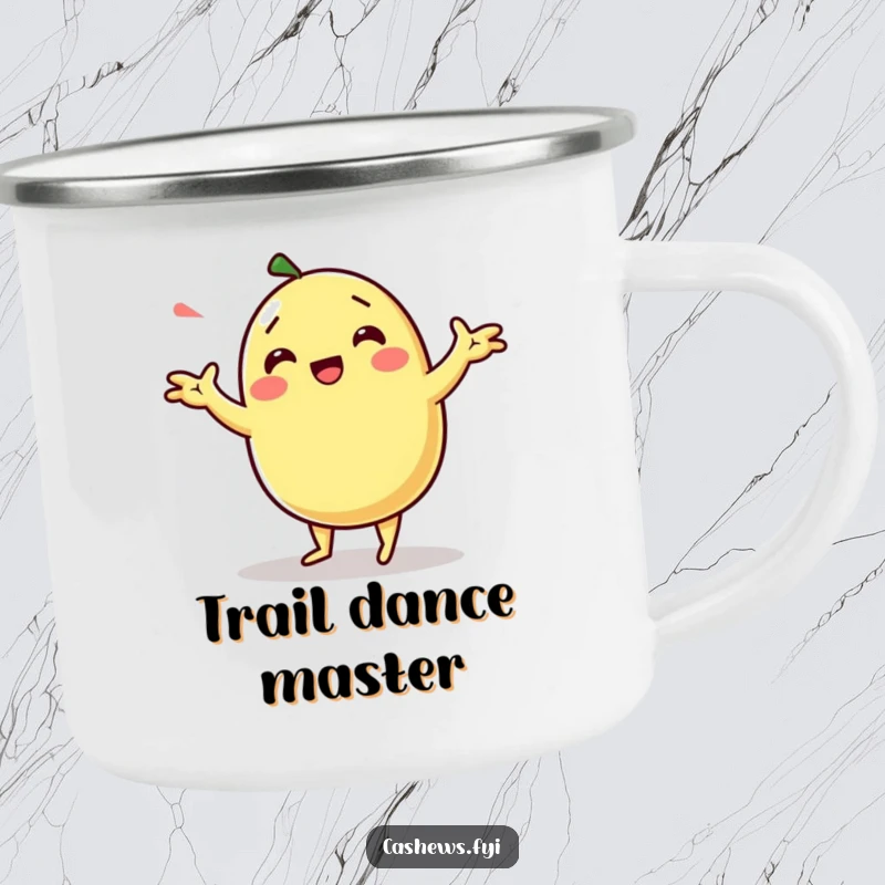 Funny kawaii cashew character doing a silly dance with exaggerated arm movements on a camping mug.
