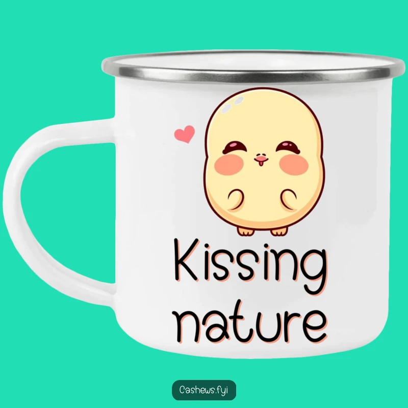 Funny Kawaii Cashew Kiss Camping Mug: Rugged Cheeky Nut Drinkware, Ideal Funny Gift