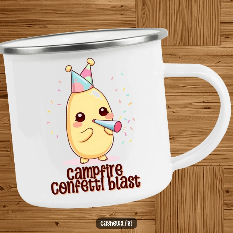 Funny kawaii cashew wearing a party hat, blowing confetti on a durable camping mug.