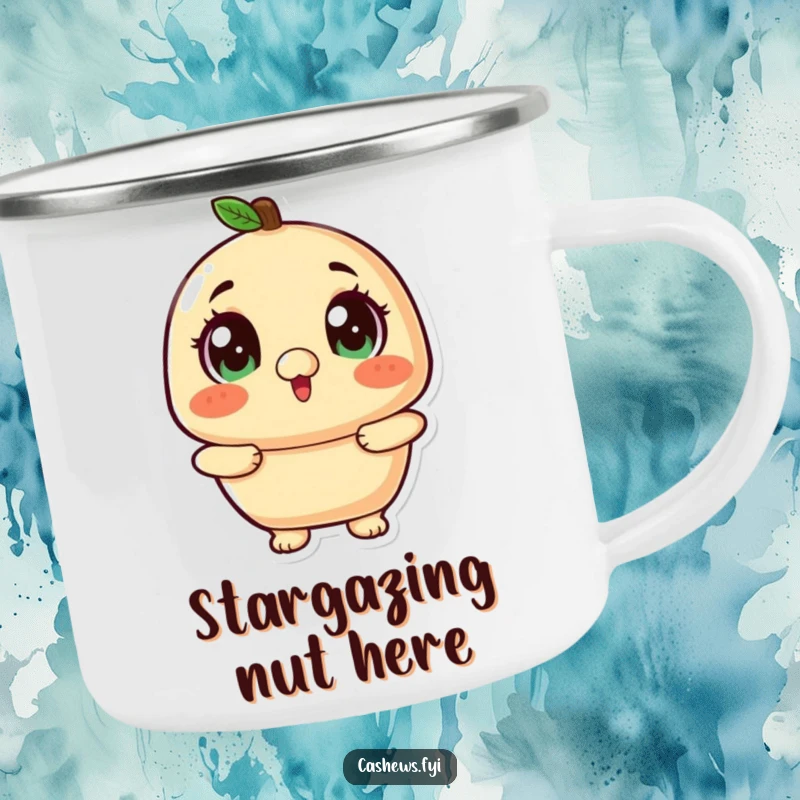 Funny kawaii cashew with wide, twinkling eyes looking up excitedly on a camping mug.