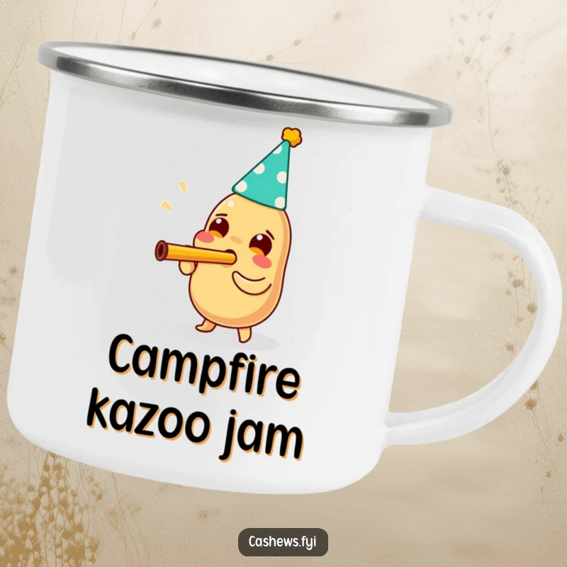 Funny camping mug featuring a cashew wearing a party hat and enthusiastically blowing a kazoo, perfect for festive outdoor sips.
