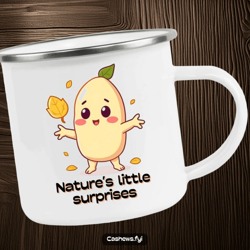 Funny enamel camping mug of a kawaii cashew character looking surprised as a leaf falls, perfect for outdoor amusement.