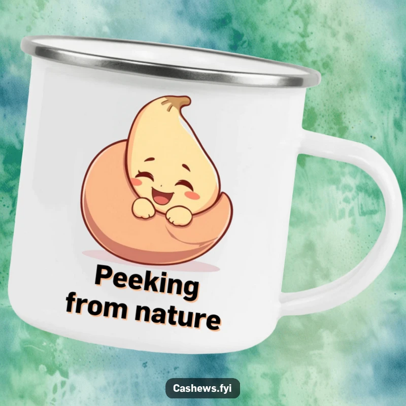 Funny camping mug featuring a laughing cashew winking from behind a large cashew nut, adding a playful element to outdoor drinks.