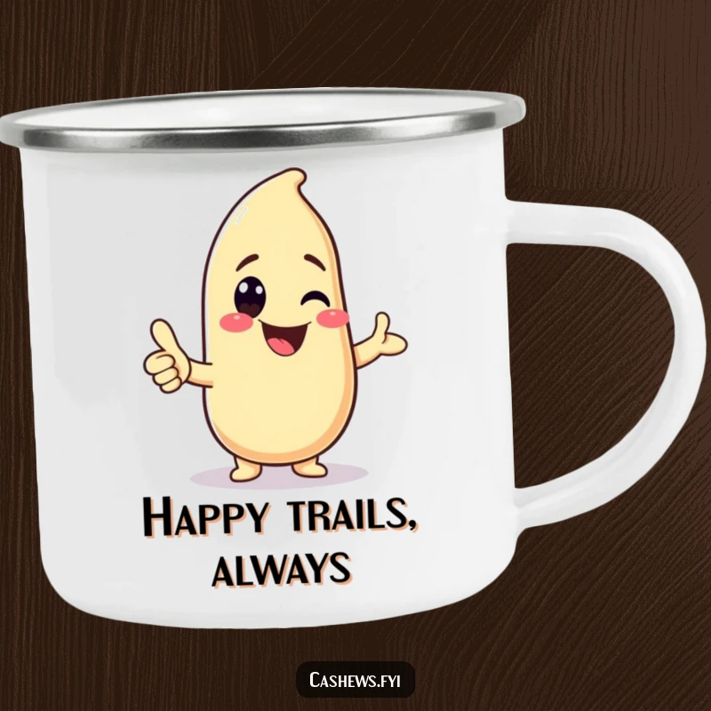Funny camping mug with a kawaii cashew character giving a thumbs-up, perfect for cute and humorous outdoor drinks.