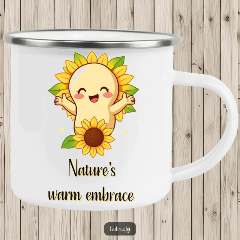Funny camping mug featuring a cashew nut embracing a sunflower, perfect for enjoying drinks in the great outdoors.
