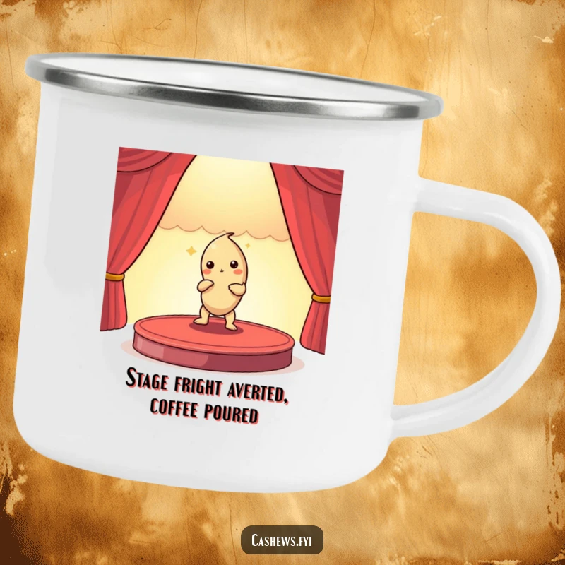 Funny camping mug featuring a cashew nut actor posing dramatically on a miniature stage, ideal for outdoor enthusiasts with a sense of humor.