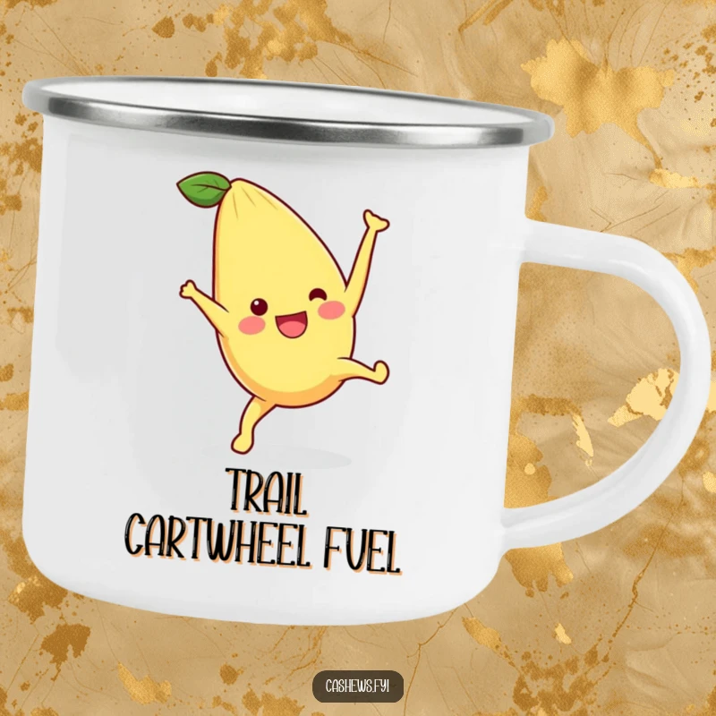 Funny camping mug with a kawaii cashew doing a cartwheel, perfect for outdoor adventures and adding energetic fun to every sip.
