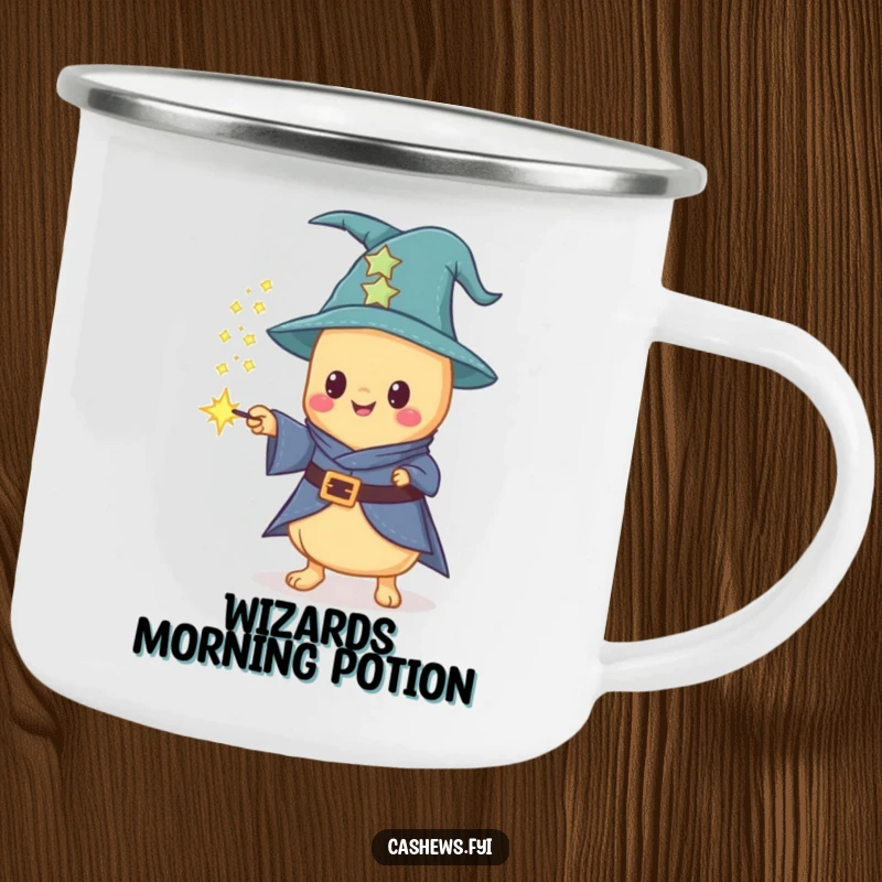 Funny and durable camping mug featuring a Kawaii cashew wizard casting sparkling dust from a wand, perfect for magical outdoor humor.
