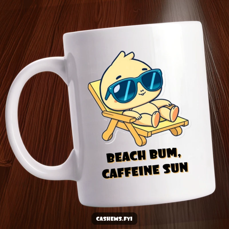 Funny cashew character in sunglasses lounging on a beach chair, embodying pure relaxation, perfect for a funny gift.