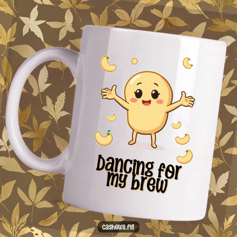 Funny cashew mug with a character doing a playful dance with outstretched arms, surrounded by cashew shapes, full of happy energy.