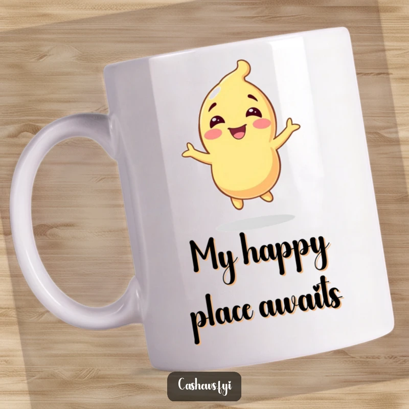 Funny mug featuring a cashew character bouncing with pure excitement and infectious glee, showcasing its happy energy.