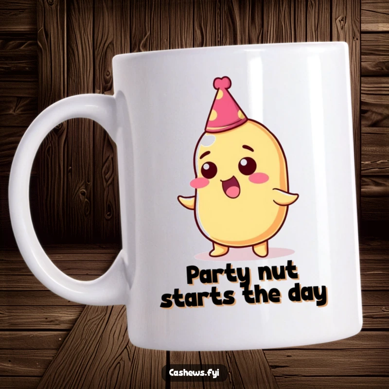 Funny mug featuring a thrilled cashew nut in a tiny party hat, radiating pure joy and excitement for any celebration.