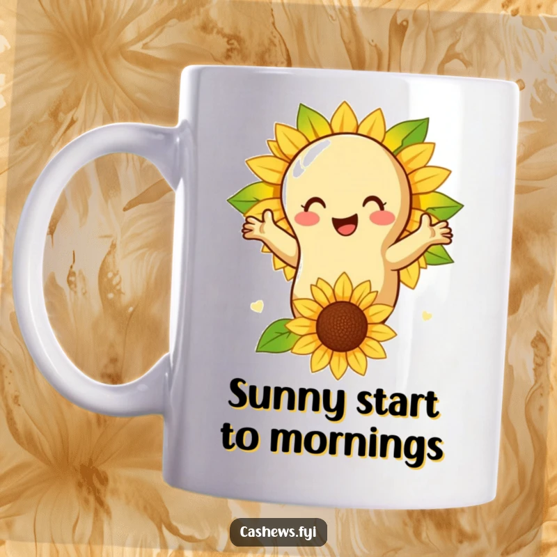 Funny mug featuring a cashew nut with open arms embracing a smiling sunflower, symbolizing warmth and natural connection.