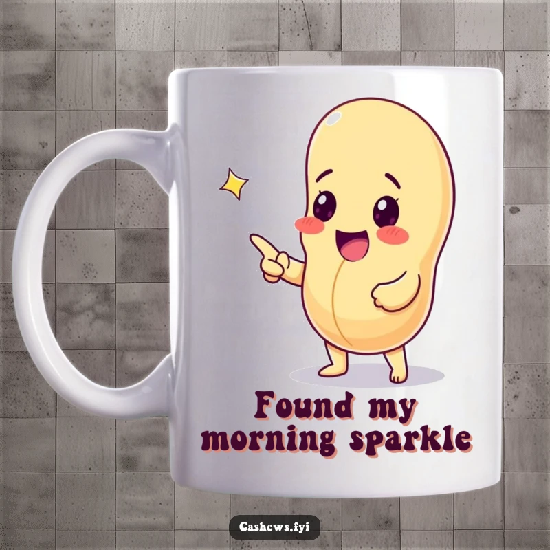 Funny mug showing an excited cashew nut pointing at a sparkling gem, symbolizing discovery and joyous anticipation.