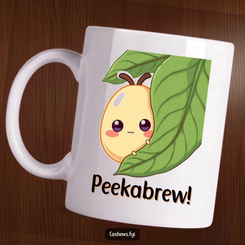 Funny Mug: A cashew with comically wobbly googly eyes peeks out from behind a large green leaf, looking playfully shy.