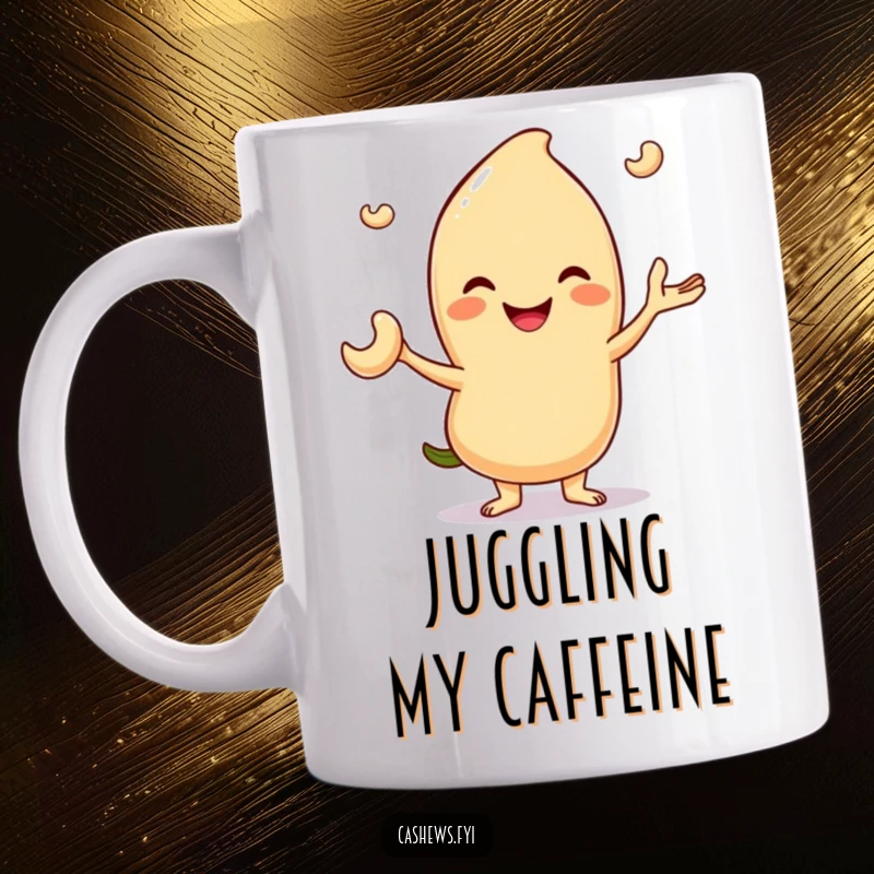 Funny mug showing a smiling cashew character skillfully juggling three small cashew nuts in the air, a display of nutty talent.