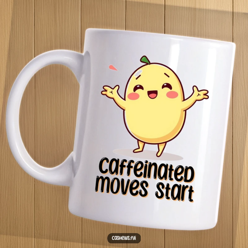 Funny kawaii cashew doing a silly dance with exaggerated arm movements on a mug.