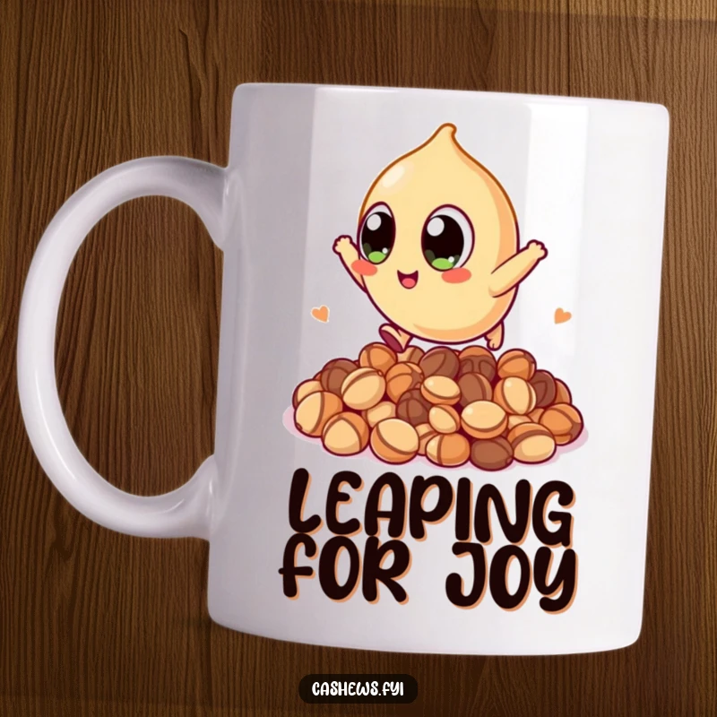 Funny mug featuring a kawaii cashew with huge, expressive eyes, energetically leaping over a pile of nuts with a joyful expression.