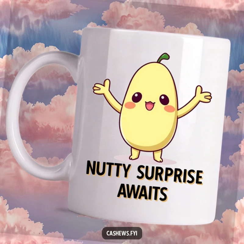 Funny mug featuring a kawaii cashew character with arms raised high in an expression of pure, delighted surprise and cuteness.
