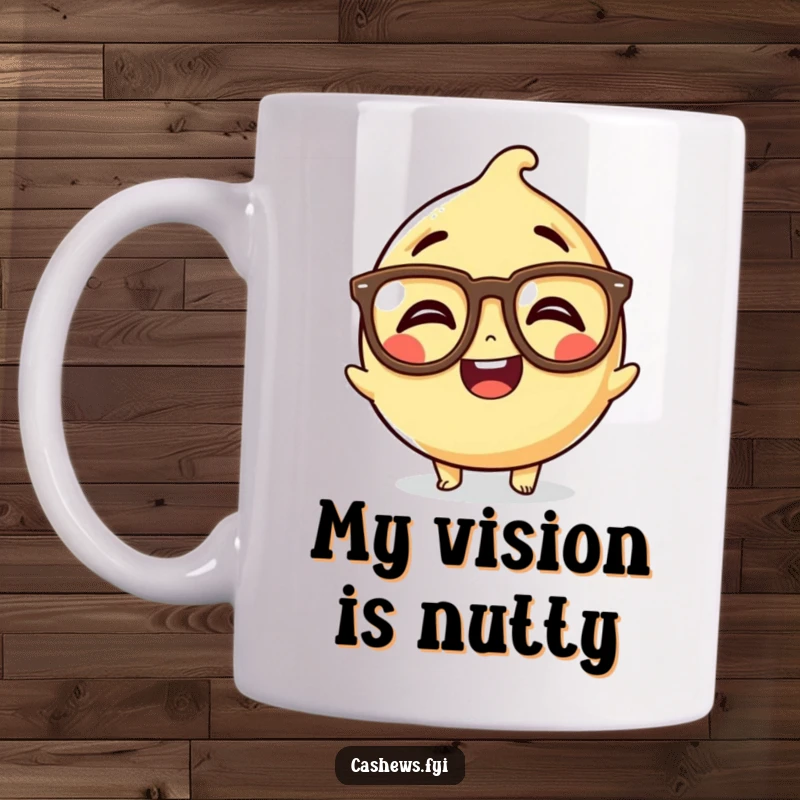 Funny Kawaii Cashew Mug: A cute cashew character giggling behind oversized, comical spectacles, offering a humorous and intellectual vibe.