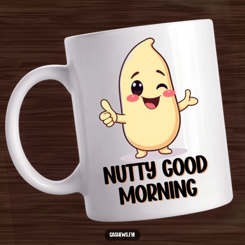 Funny mug featuring a kawaii cashew character with a big grin giving a friendly thumbs-up, radiating cuteness and humor.