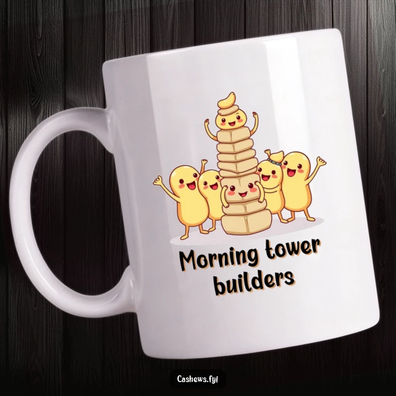 Funny kawaii cashew mug featuring a group of cute nuts proudly posing after building a small tower, showcasing teamwork and success.