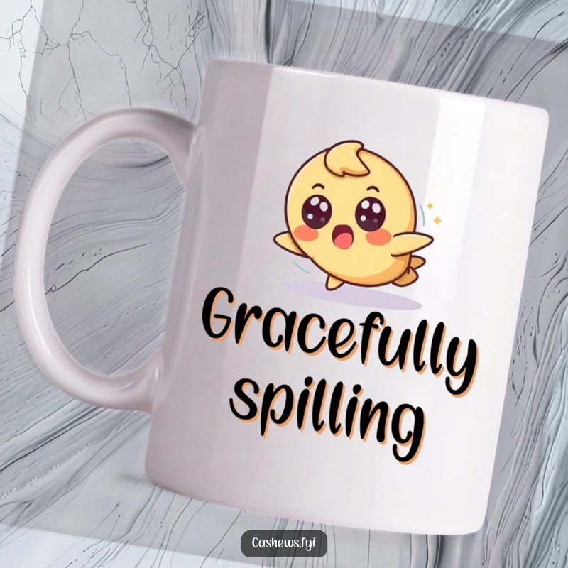 Funny cashew mug depicting a surprised character tripping slightly but landing gracefully with wide eyes, capturing a moment of mild panic.