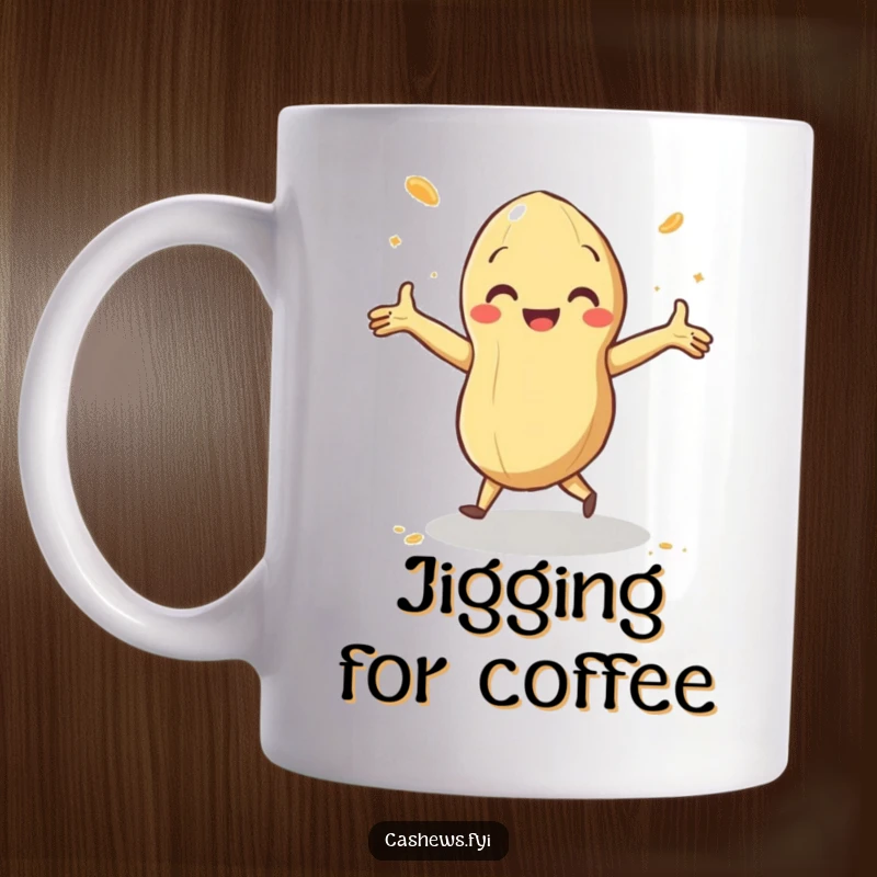 Funny cashew mug featuring a cashew doing a delighted jig with arms outstretched and a swirl of cashew dust, radiating pure joy.