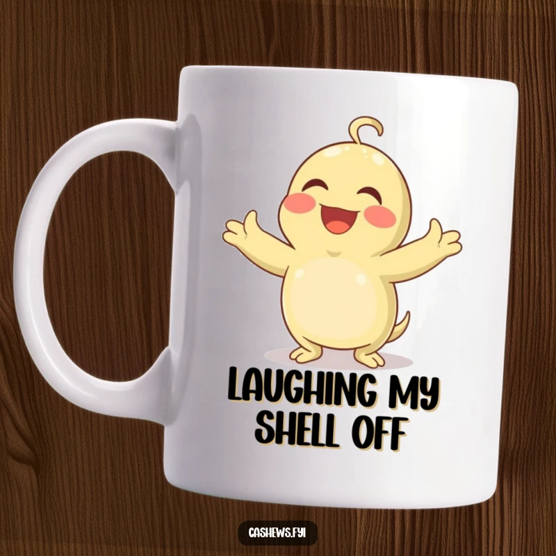Funny mug featuring a cashew character with arms wide open, laughing uncontrollably and heartily at nothing in particular.