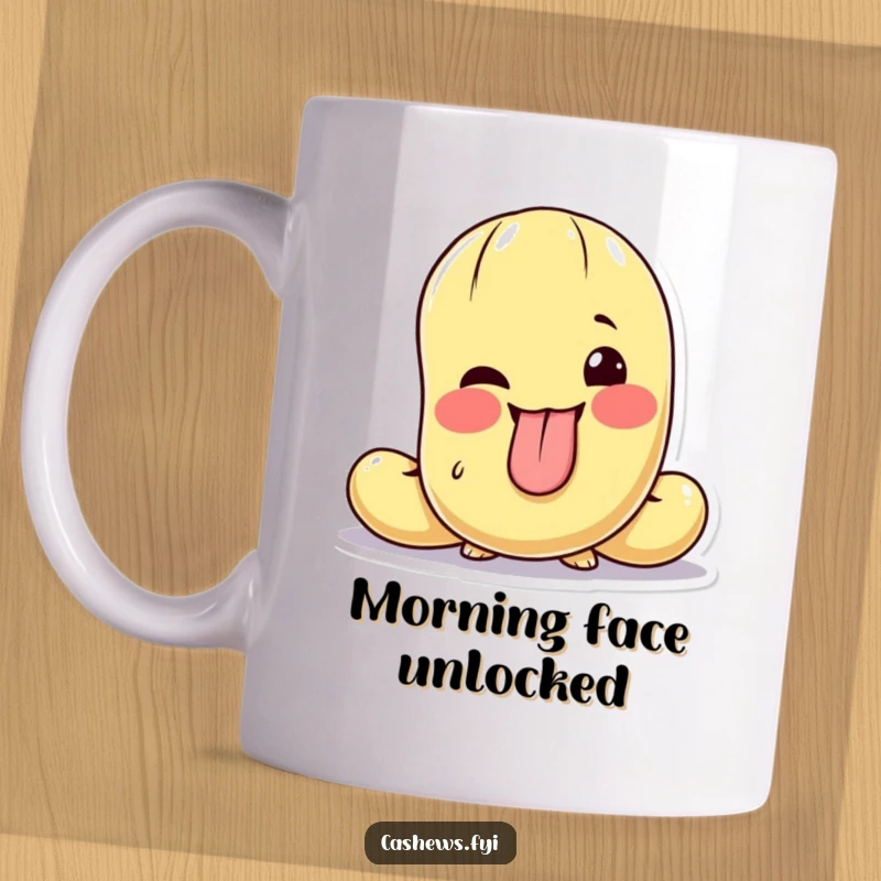 Funny mug featuring a cashew character making a silly face, sticking out its tongue with a playful wink.