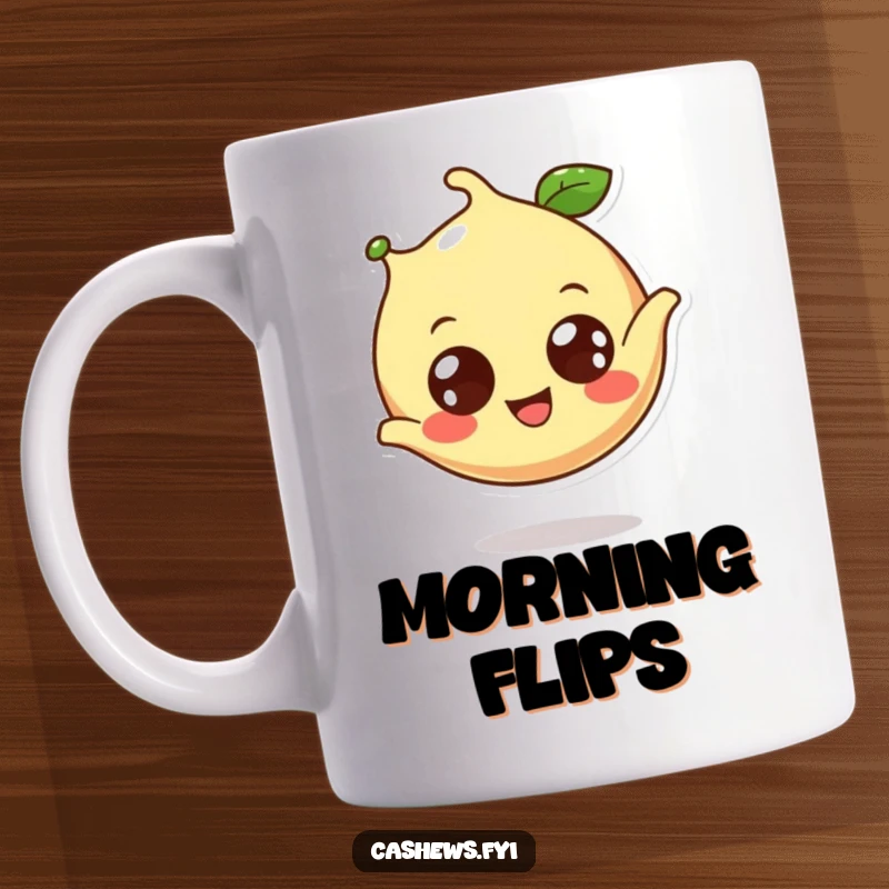 Funny cashew mug featuring a wide-eyed, cheerful cashew performing a joyful somersault, radiating happiness.