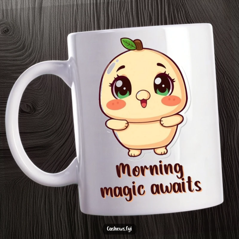 Funny kawaii cashew with wide, twinkling eyes looking up excitedly on a mug.