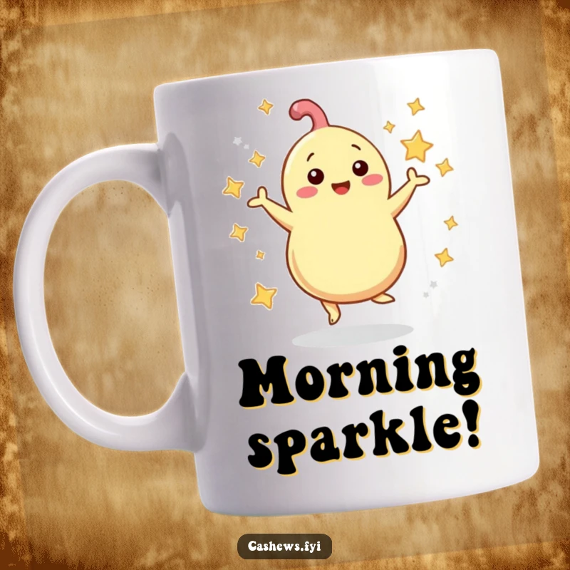 Funny Mug: A cashew energetically dances with stars swirling around its body, radiating pure joy and celebratory vibes.