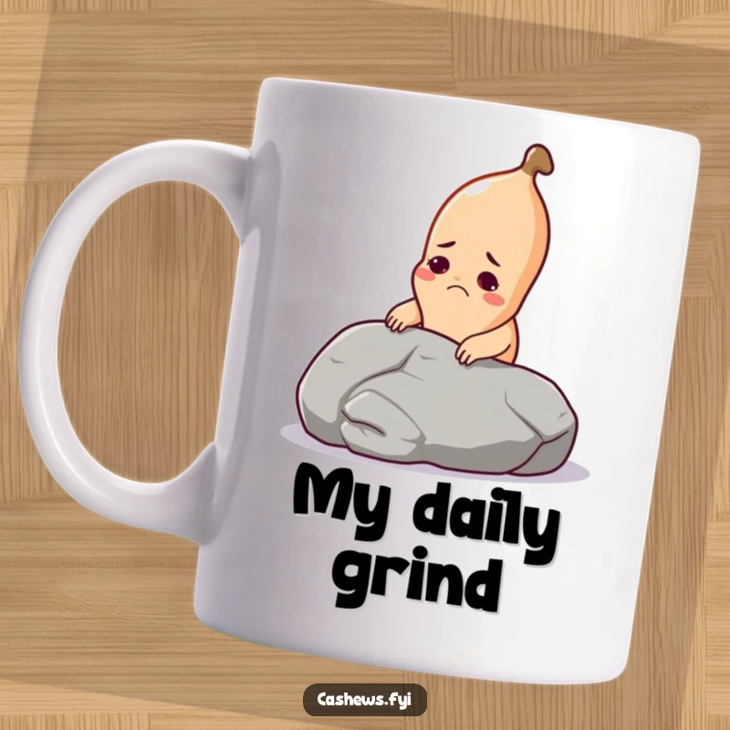 Funny cashew mug showing a determined cashew with a grimace lifting a giant pebble, symbolizing an epic struggle.