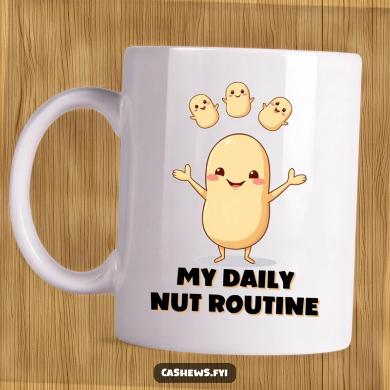Funny cashew juggler mug with tiny legs and a goofy grin, playfully tossing three smaller cashews, bringing joy and laughter.