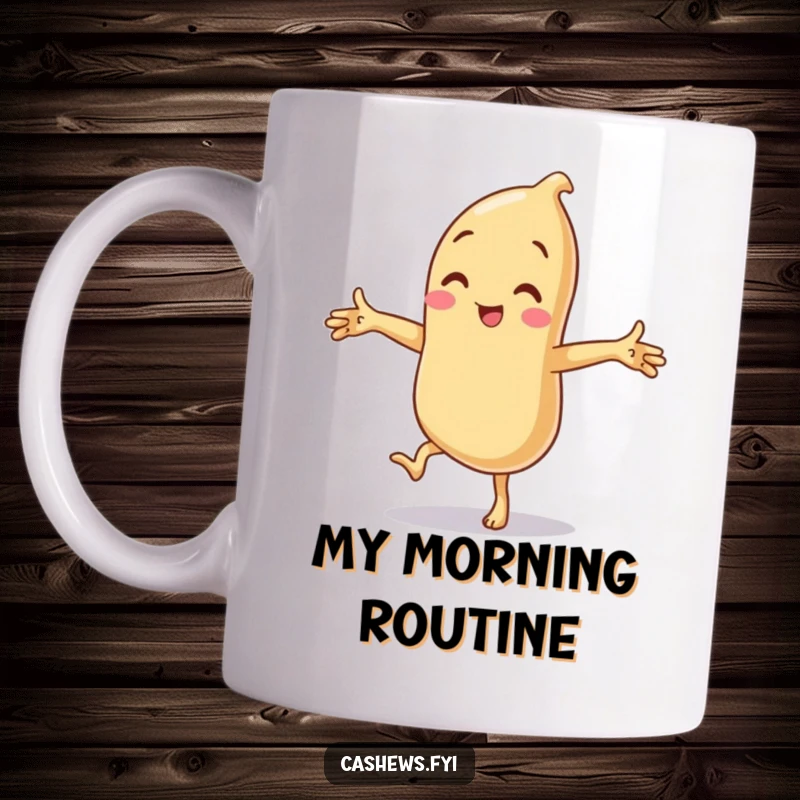 Funny mug featuring a cashew balancing precariously on one leg with arms flailing in a comical, goofy pose.