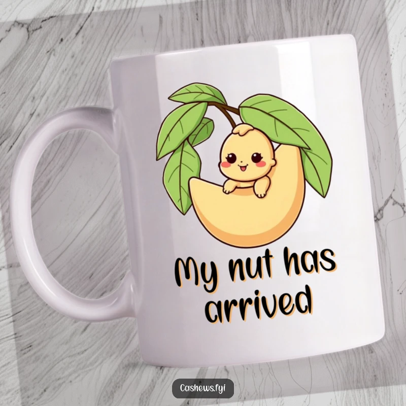 Funny cashew mug with a smiling character happily riding on the back of a giant cashew husk, showcasing pure joy.