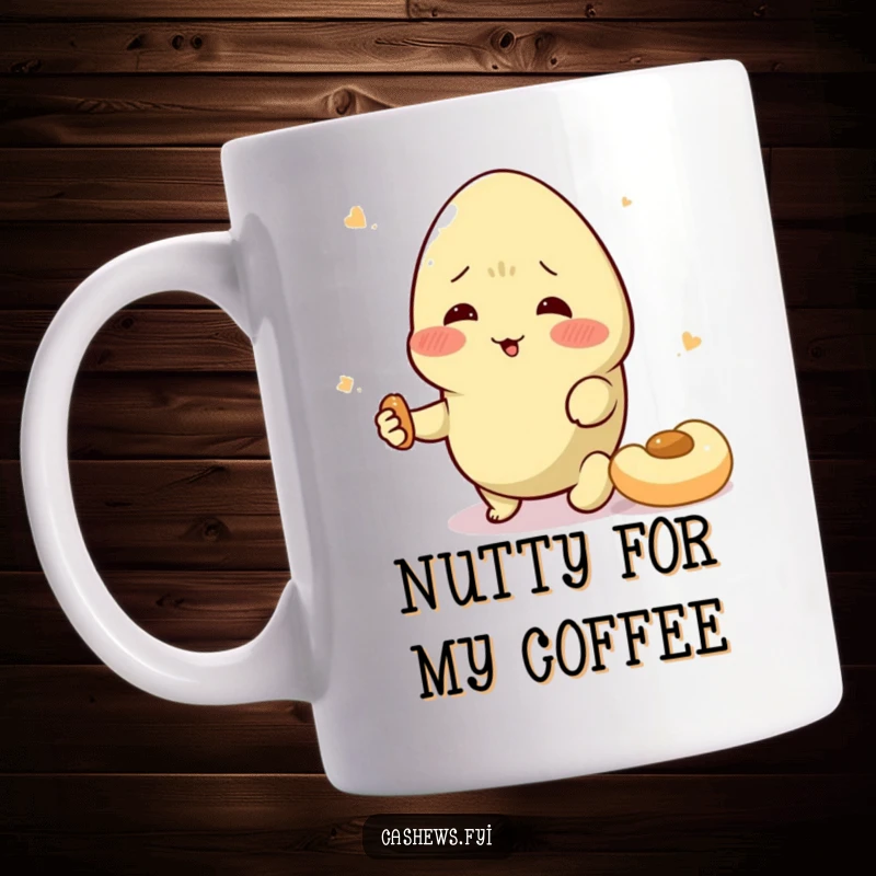 Funny cashew mug with a rosy-cheeked cashew character dramatically swooning over a cashew snack, full of nutty emotion.