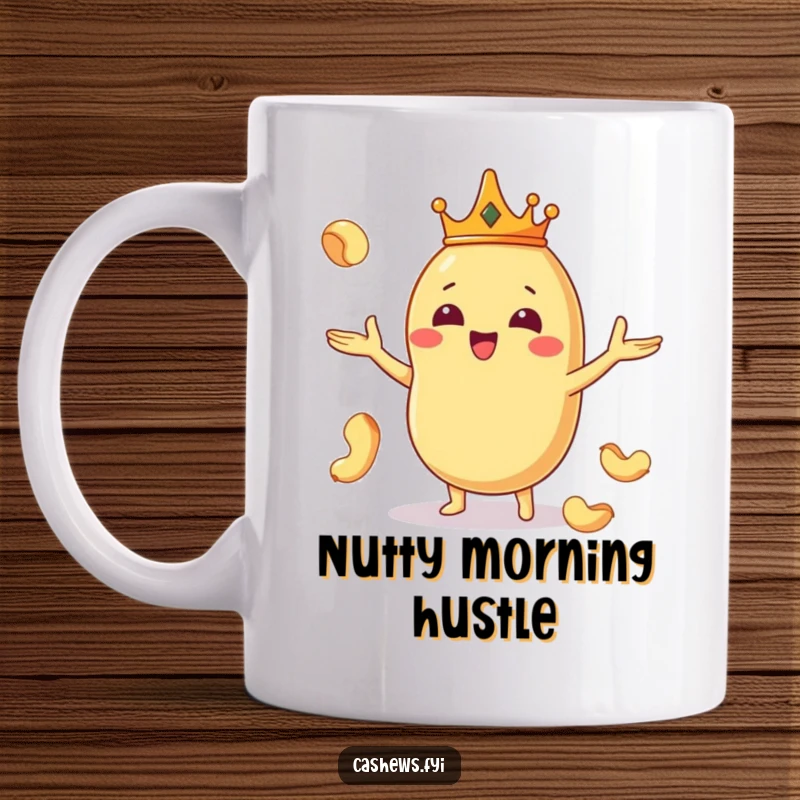 Funny Kawaii cashew wearing a crown, joyfully juggling tiny nuts, presented on a mug for a delightful gift.