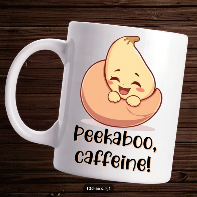 Funny cashew mug where a laughing character winks from behind a huge cashew nut, adding a playful and cheeky vibe.
